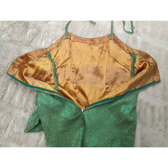 Vtg 60s Bombshell Green Brocade Lamé Halter Neck Cocktail Wiggle Dress, Sz 2 - Picture 8 of 14